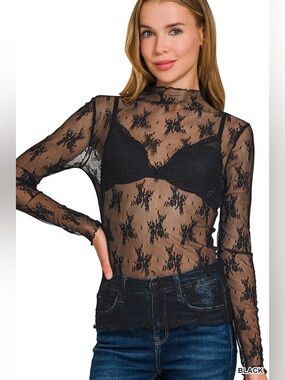 Zenana Outfitters Black Sheer Lace Long Sleeve Top